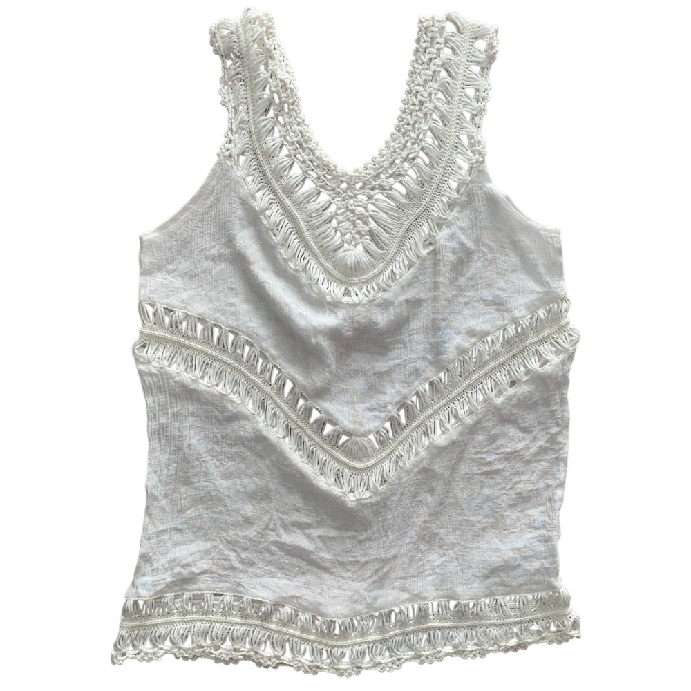 Women's White Boho Crochet Macrame Gauze Tunic Tank Top No Size Tag Beach Resort